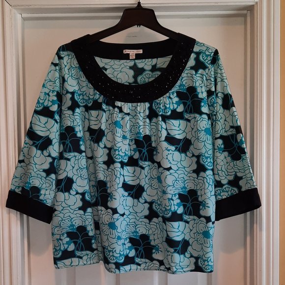 JM Collection Black Turquoise Beaded Floral Cotton Top/Blouse Size Plus … - Picture 6 of 7